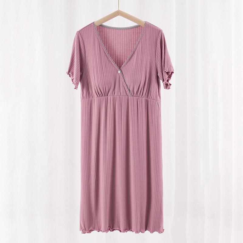 V-Neck Nursing Dress with Insertable Cups for Breastfeeding - Fashionable Postpartum Pajamas