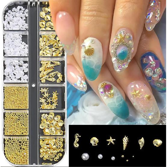 Ocean Starfish Shell Nail Charms Golden Silver Metal Nail Art Decoration 3D Nail Rivet Metallic Slice DIY Manicure Nail PartsY2K