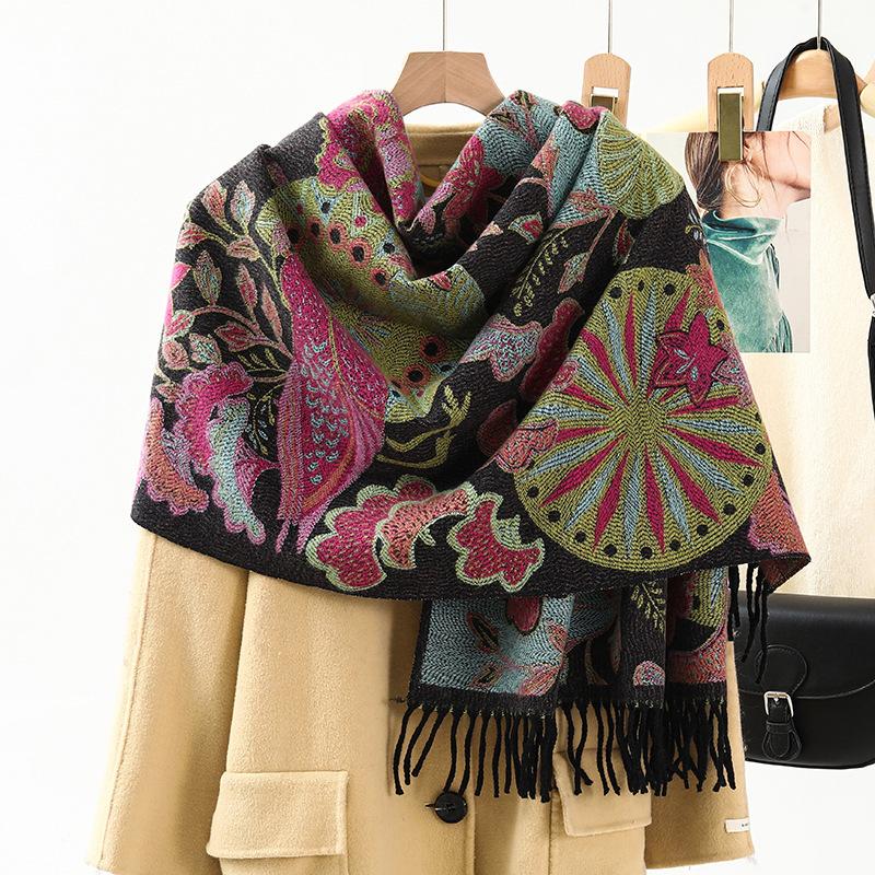 Jacquard Scarf Shawl with Decorative Imitation Cashmere Scarf for Women Winter High End New Style Thickened Ethnic Style Shawl