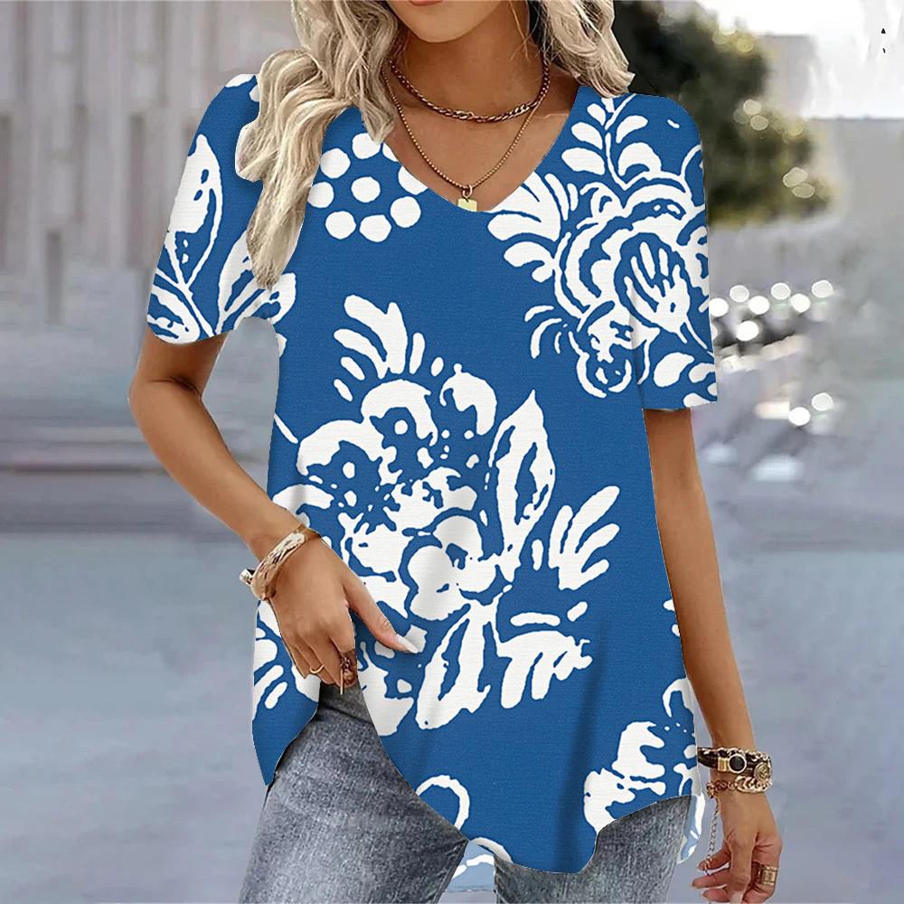Letné V-výstrih Krátky rukáv Tričká 3D Kvetinová potlač Voľné Bežné Tričká Cool Denné Streetwear Blúzka Pre Dámy S-8XL