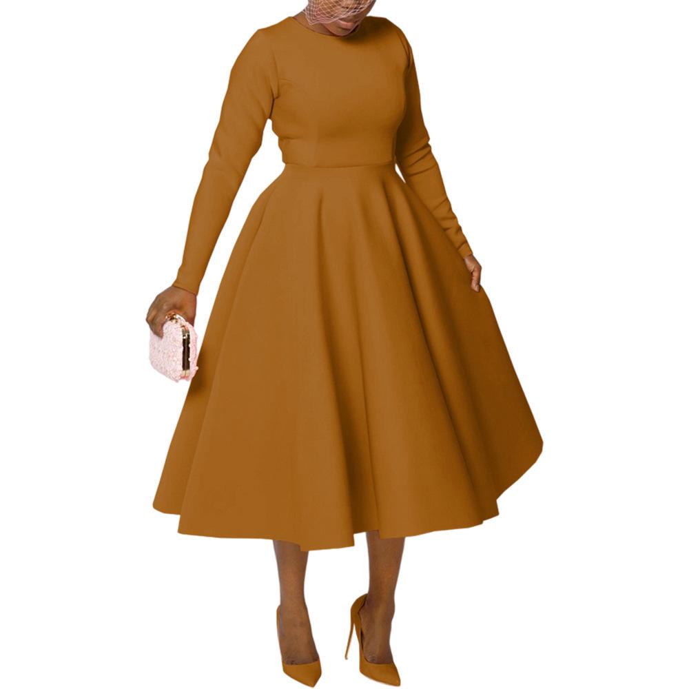 

BN305 Women s Solid Color Round Neck Long Sleeve Swing Dress with Knife Back Design 3XL темно-помаранчевий колір