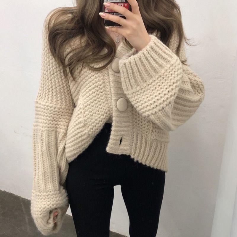 Autumn and Winter All-match New Retro V-neck Button Loose Long-sleeved Knitted Cardigan Sweater Women's Fashion Casual