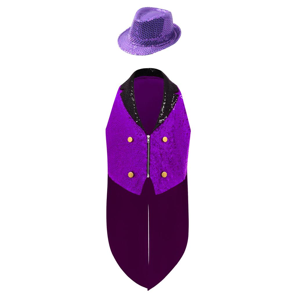 Kids Sequins Medieval Vest Victorian Tailcoat Lapel V Neck Front Zip Vest Solid Sequins Fedora Hat Circus Outfit