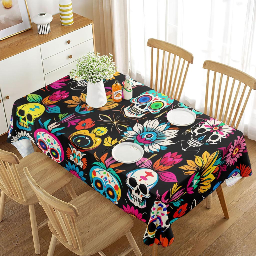 New Dining Table Cloth Tablecloth Waterproof Skull Flower Rectangular High-end Decorative Tablecloth Beach