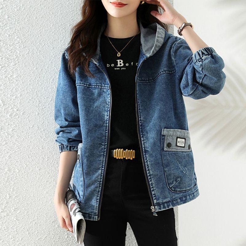 Women Denim Jacket Autumn Long Sleeve Tops Female Casual Hooded Jeans Jackets Women Big Pocket Cowgirl Outerwear