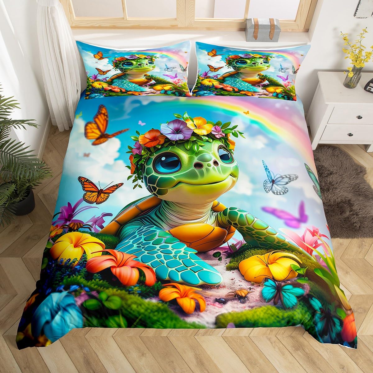 

Turtle Butterfly and Flower Duvet Cover for Kids Boys Girls Lightweight Quilt Cover with 2 Pillowcase Cartoon Turtle Bedding Set (135x200cm)