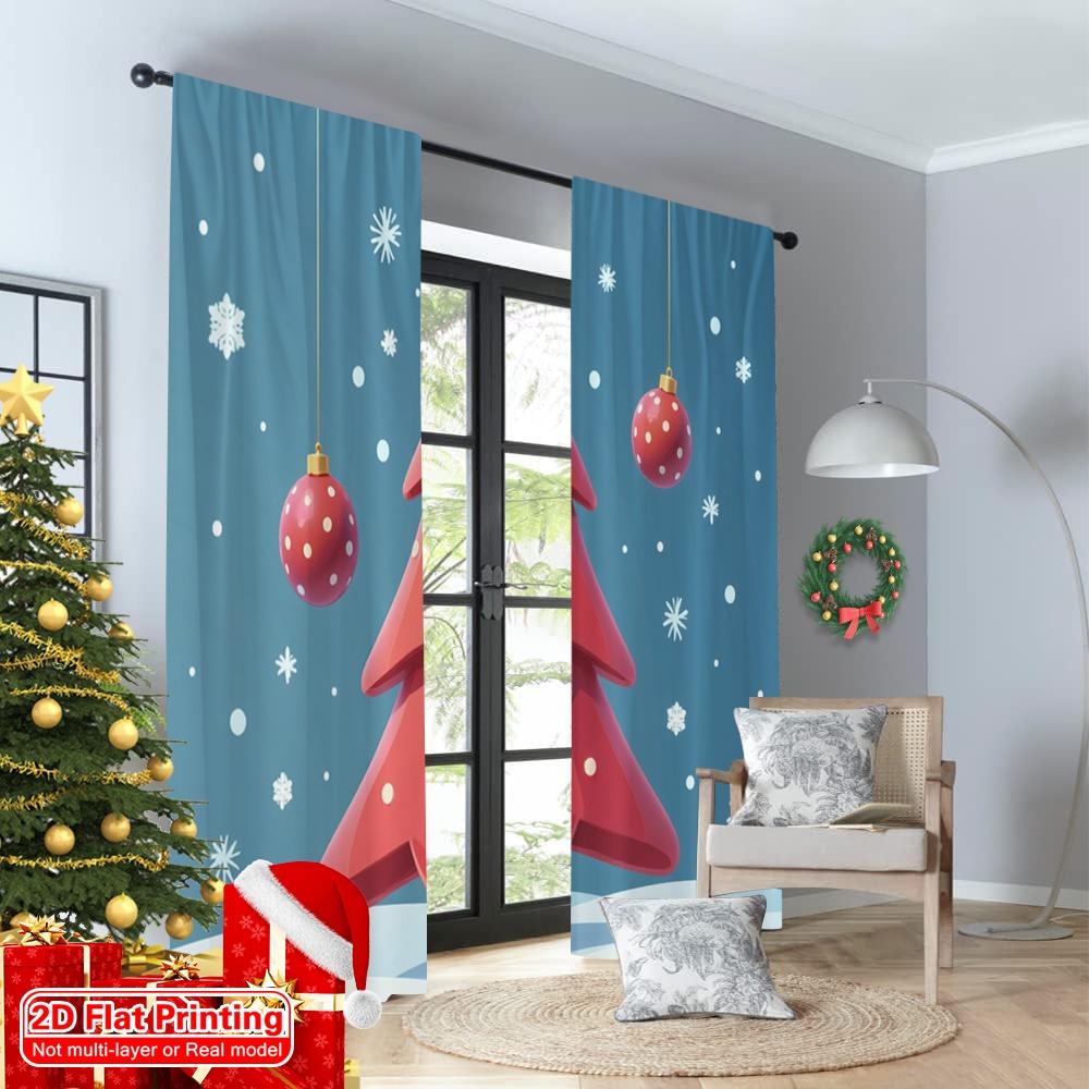 2pcs 2D flat printing Merry Christmas Window Drapes Red Christmas Tree Baubles Polyester Without Electricity Birthday Party for