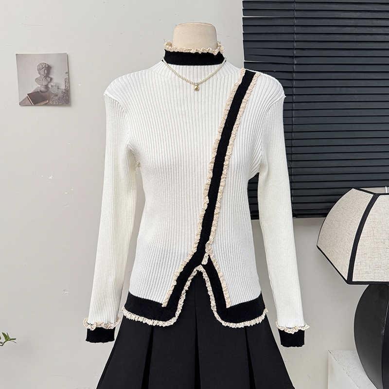 

Женский зимний вязаный свитер с неровным кружевным краем, полувысоким воротником, длинными рукавами, контрастной цветной вставкой, разрезами по бокам, для ношения под низ one size fits all белый