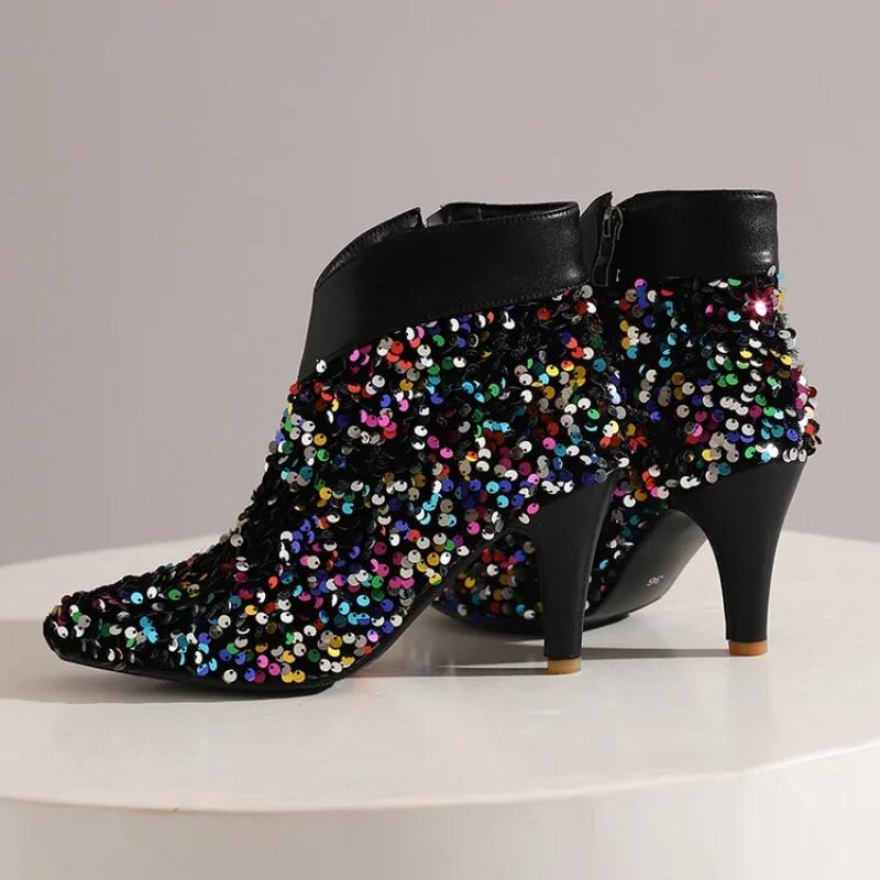 Fashion New Silver Sequin 8cm High-heeled Short Boots European American Autumn Winter Fashionable Elegant Women Ankle Boots Size 34-47