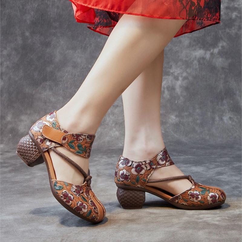 Johnature Letní dámské boty etnického stylu z pravé kůže, embosované, s tlustým podpatkem, s měkkou podrážkou, vintage sandály