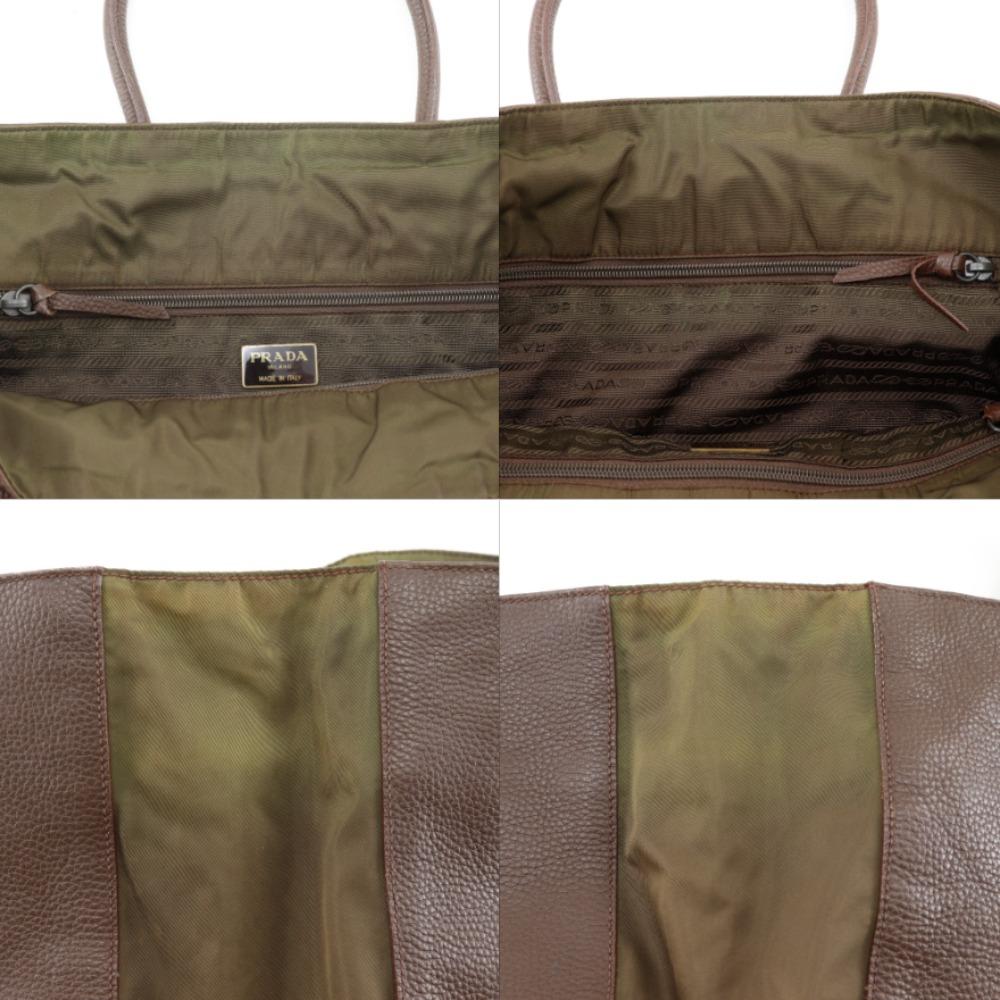 Prada Logo Embossing Handbag Tote Bag Brown Calfskin/Nylon Unisex Used