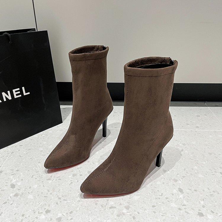 Rear Zipper Pointed Short Children's Thin Heels Autumn and Winter New Suede Thin Legs Medium Tube Large Size High Heel Elastic