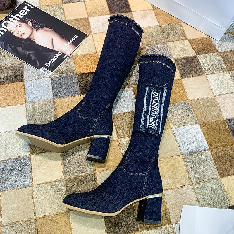 

Модные женские вулканизированные ботинки, парусиновые сапоги до колена, классические женские туфли 2024 года, осень-зима, повседневные панк-ботинки для мотоциклистов, женская обувь 41 темно-синий