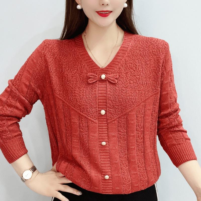 golden brown v-neck three quarter sleeve shimmer knit top with bow detail for women