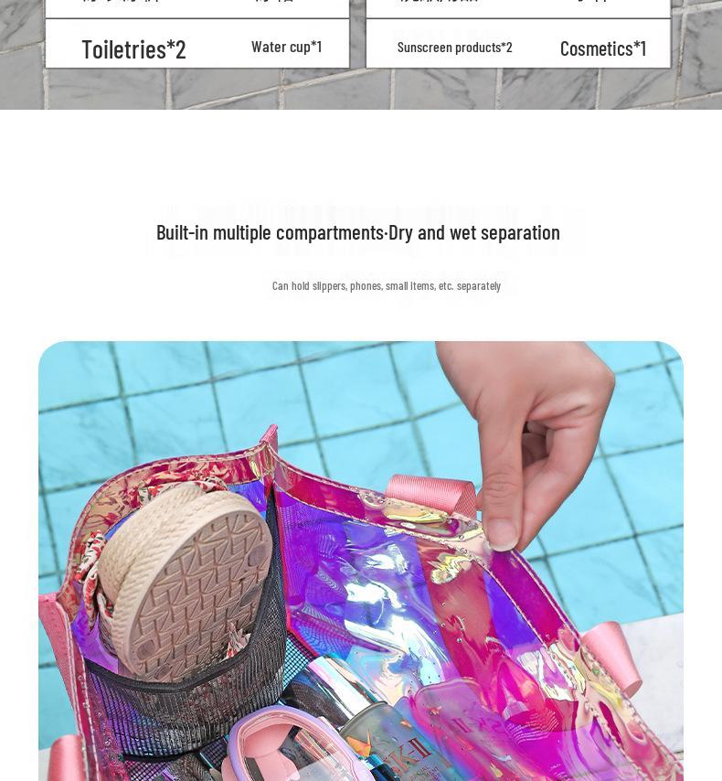 Laser Iridescent PVC Beach Tote - Transparent, Sealed Edge, Multi-Purpose Bag for Shopping, Gifts, and More