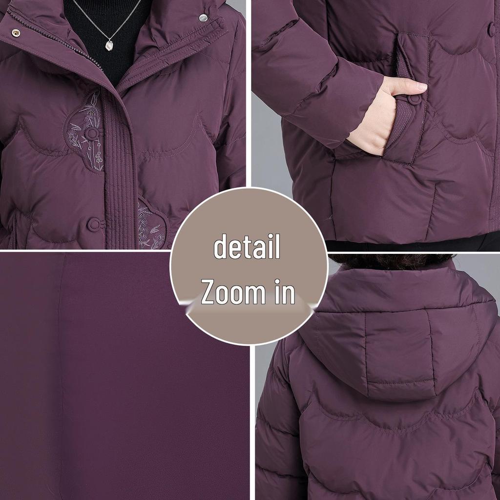 Warme Kapuzen-Daunenjacke für Damen 2025: Neue Stil Stickerei Baumwolle Winter Oberbekleidung für Mütter mittleren und höheren Alters.