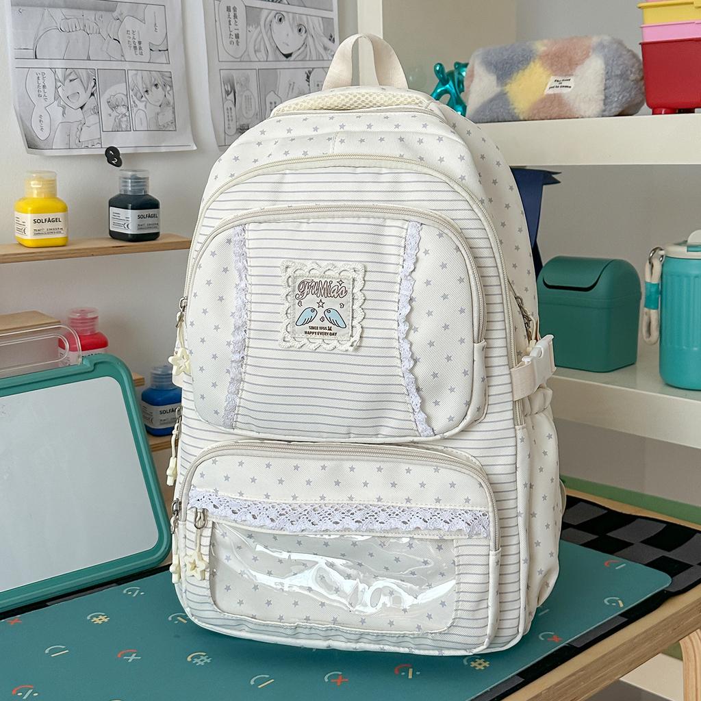 Mochila con Adorno de Encaje Rayas Estrelladas con Ventana Frontal Transparente y Múltiples Bolsillos Gran Capacidad Mochila Escolar Diaria para Adolescentes Estudiantes Viajes Diarios