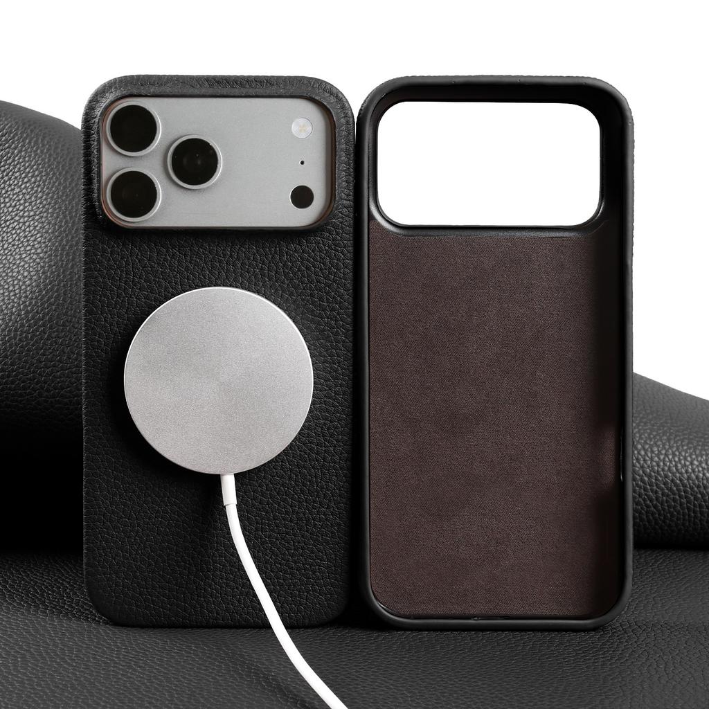 Litchi Genuine Leather Case for IPhone 17 Pro Max 18Pro 16 15 14 13 12 for Magsafe Luxury Genuine Leather Handmade Phone Cover
