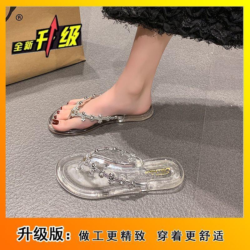 Rhinestone Thick Heel Cool Slippers Fairy Wind Beach Shoes Fashion Toe Roman Sandals Women 2025 Summer and Autumn New