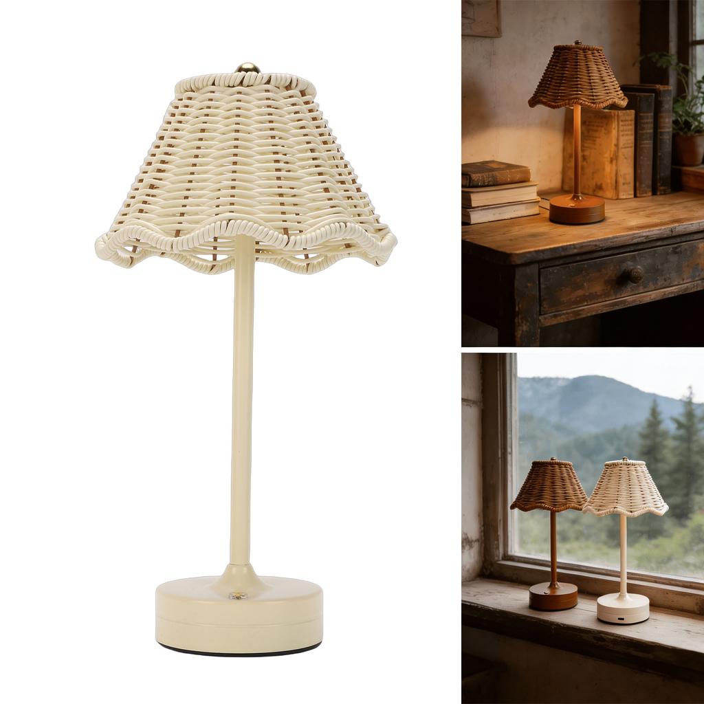 LED Vintage Rattan Table Lamp 3 Colors Cordless Shade Desk Lamp Bedside Night Light Brightness for Bedroom Decor