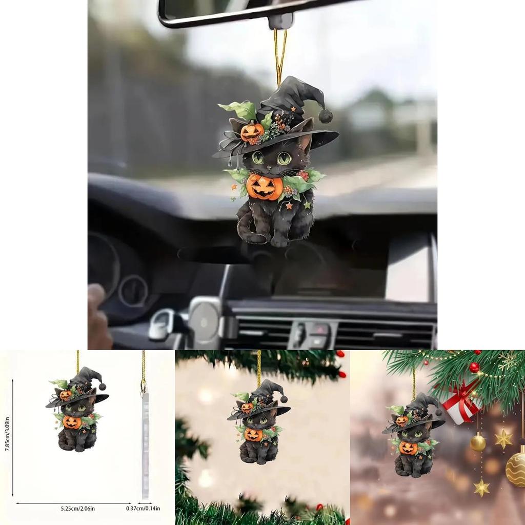 Halloween Cat Pumpkin Car Rearview Mirror Decoration With Acrylic Material For Festive Auto Interior