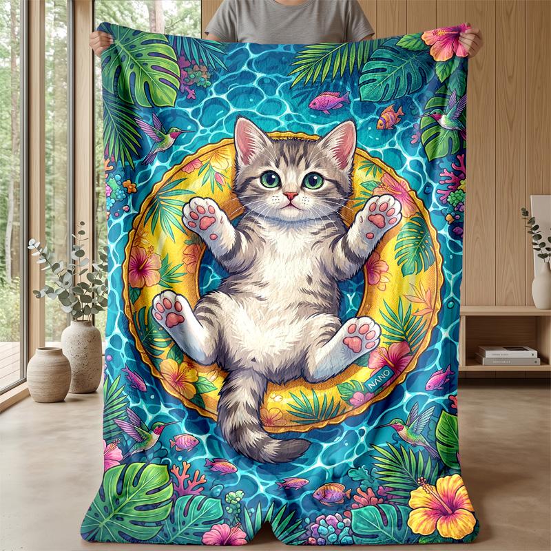 Cat Fishing Adventure blanket Personalized Name Flannel Blanket Soft Cozy Plush Throw for Sofa Bed Lightweight Home Decor