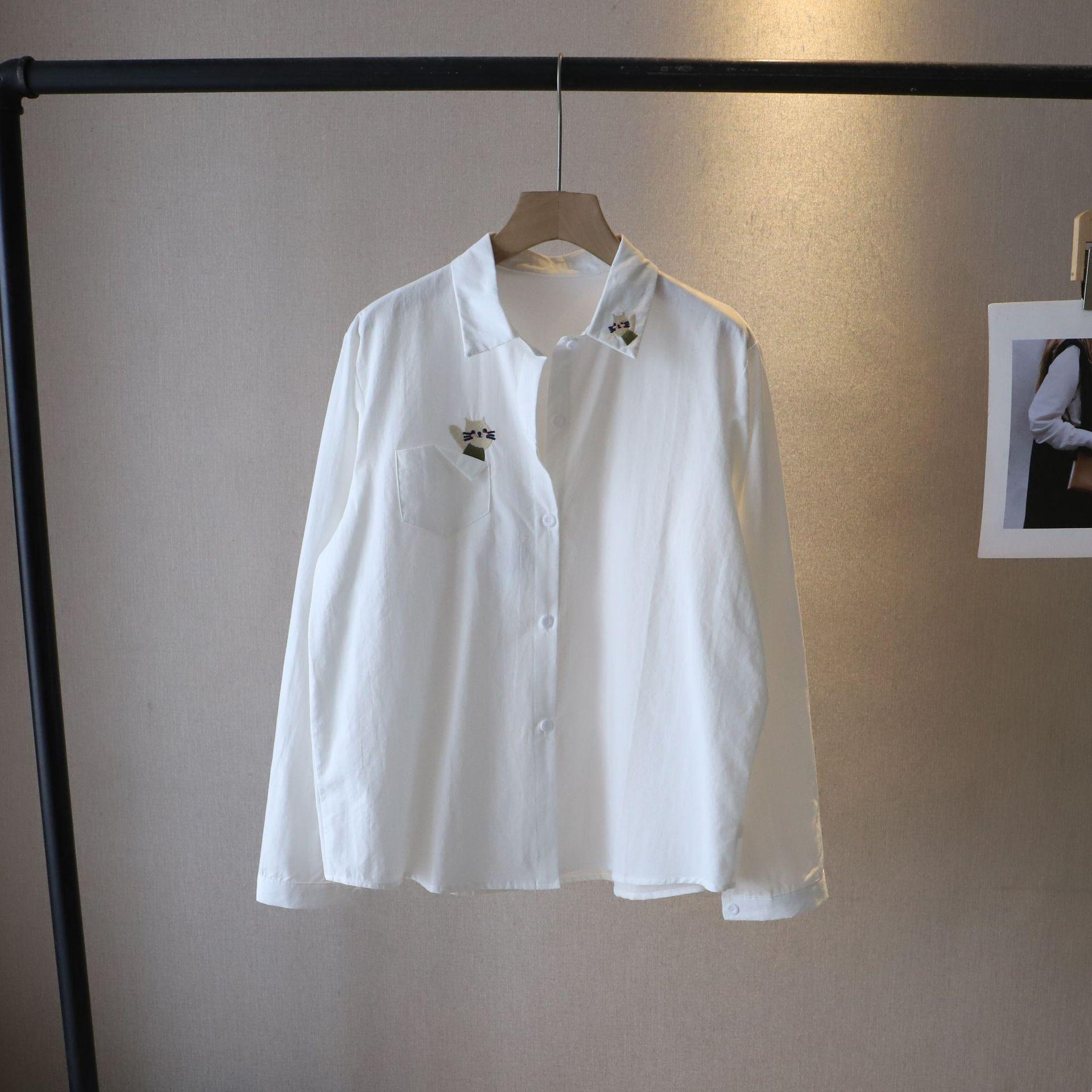 

2025 Весна Женская Белая Вышитая Рубашка из Чистого Хлопка с Длинным Рукавом One Size