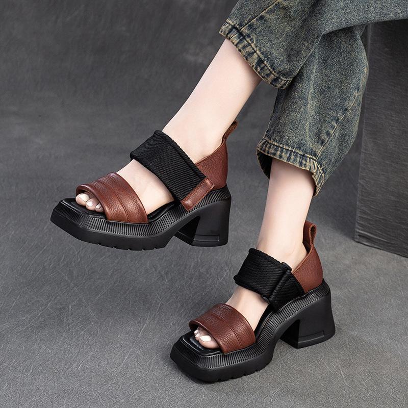 Fashion GKTINOO Retro Handmade Sandals 2025 Summer New Genuine Leather Splicing Embroidered Thick Sole Fashion Women's Shoes