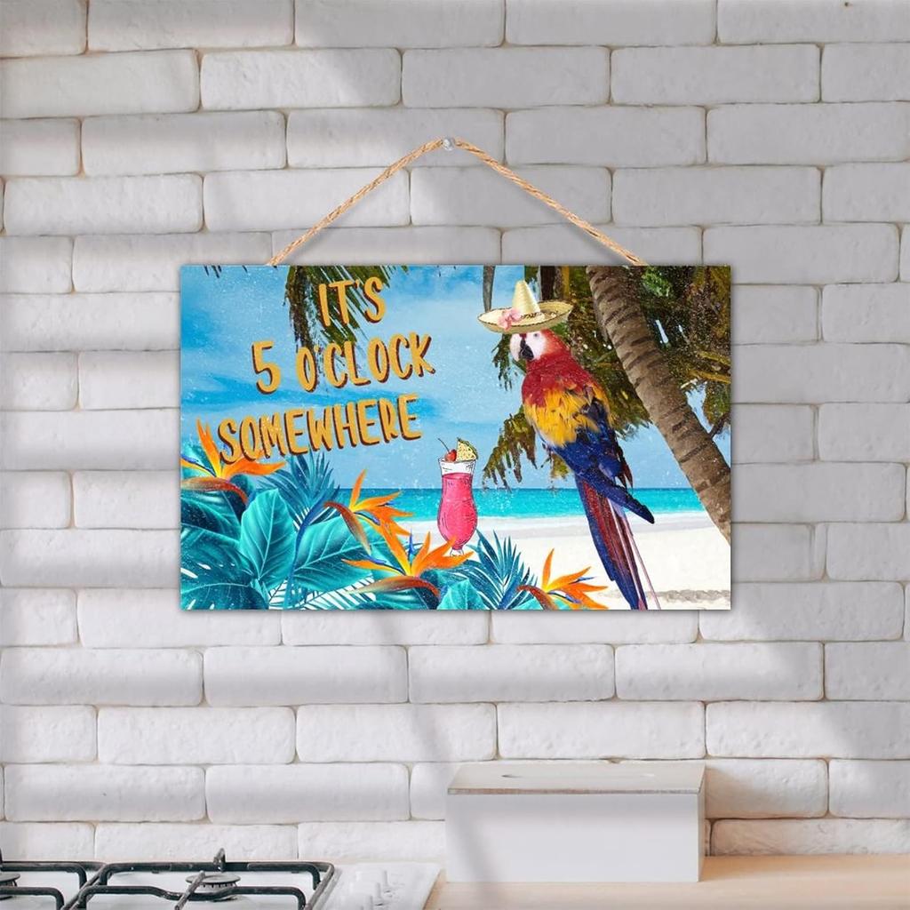 TEANFUN Summer Sign, It's Five O'clock Somewhere, Summer Parrot Sign for Outdoor Indoor Wood Hanging Wall Decor Sign Plaque, Housewarming Gifts for