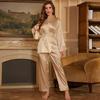 Set Pijama Mătase Femei Primăvară Vară Elegant Culoare Solidă Haine de Dormit Halat Pantaloni Lungi Haine de Casă Set 2 Piese