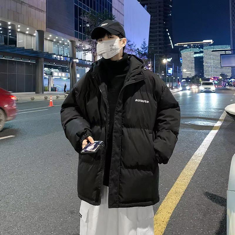 Hong Kong Style Men’s Thick Winter Stand Collar Jacket – Loose Fit, Solid Color, Printed Trendy Design