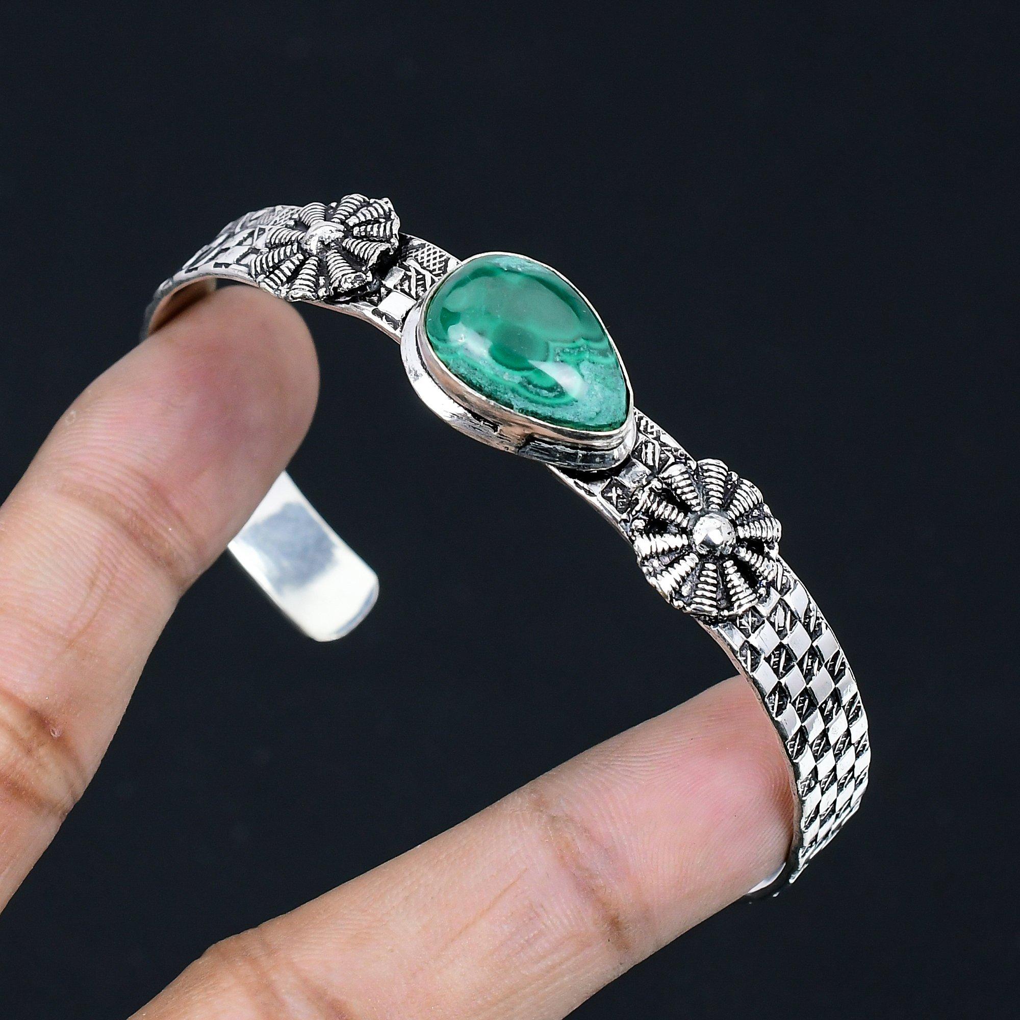 

Daughters Day Sale Pear Natural Malachite Bangle Bracelet 925 Sterling Silver Adjustable