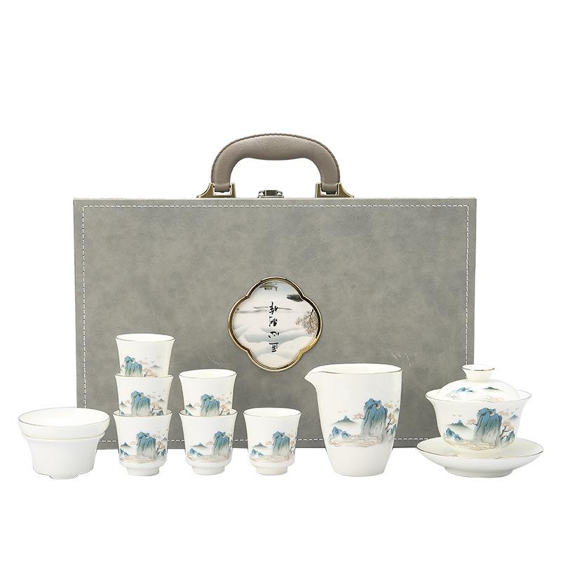 White Porcelain Full Set of Kung Fu Ceramic Tea Set Household Set Gift Box Suet Jade Business Gift Box a Set of Chinese High-end