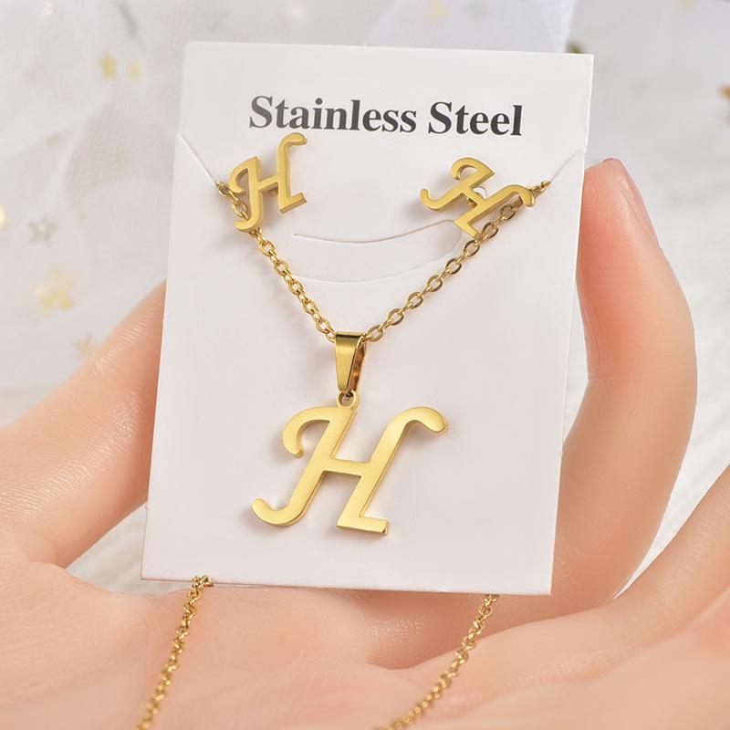 Titanium Steel Jewelry Set: Non-Fading English Letter Necklace & Earrings