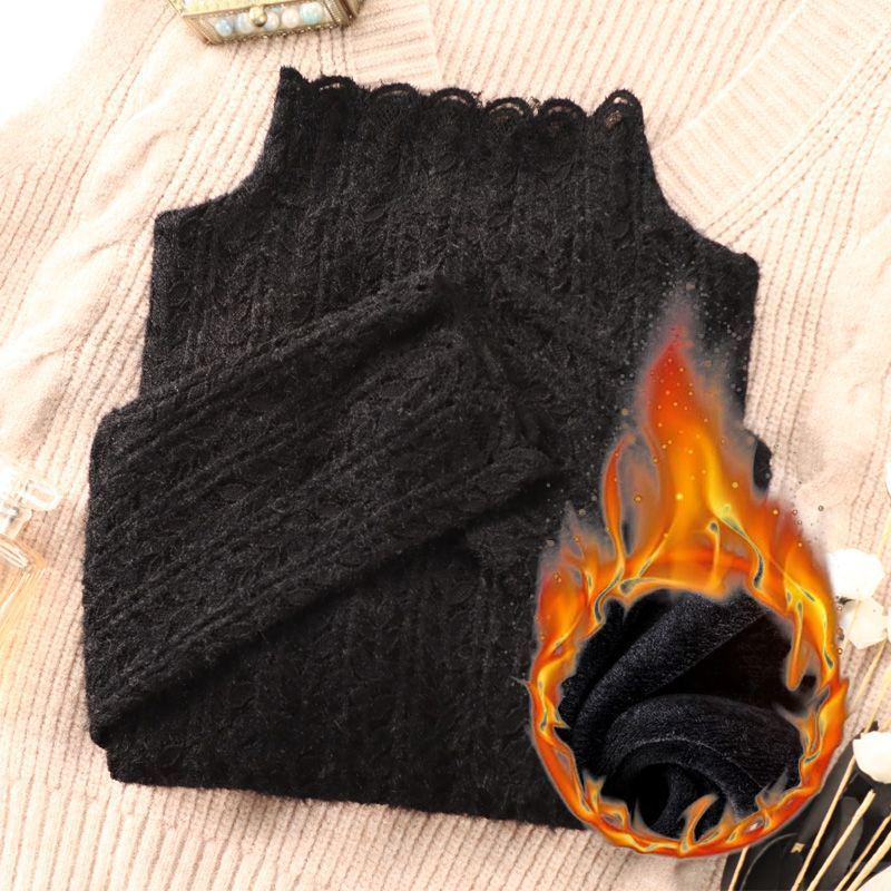 Brushed Lace High-Neck Mesh Top for Women - Trendy Autumn/Winter Layer