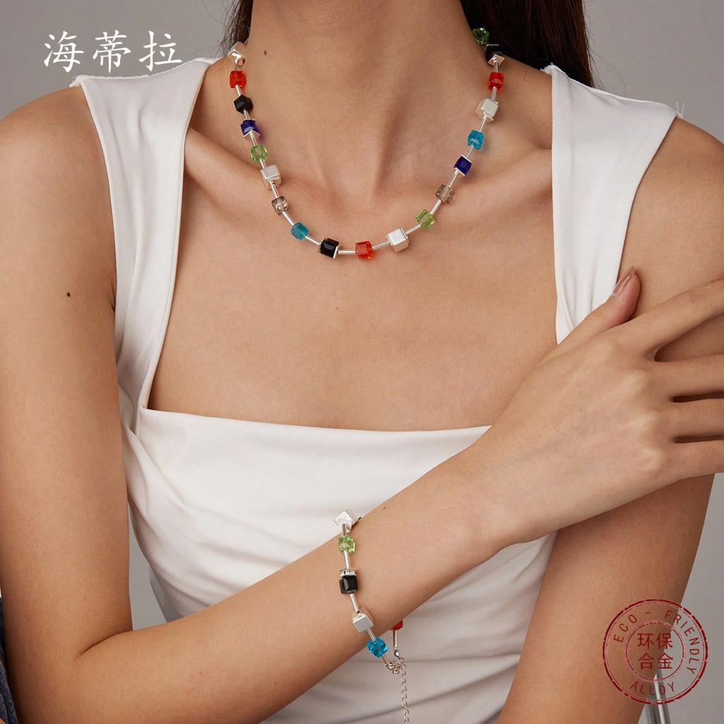 Colored Sugar Cube Small Fresh Alloy Bracelet Necklace Set, Fashionable Men's and Women's Versatile Jewelry Set