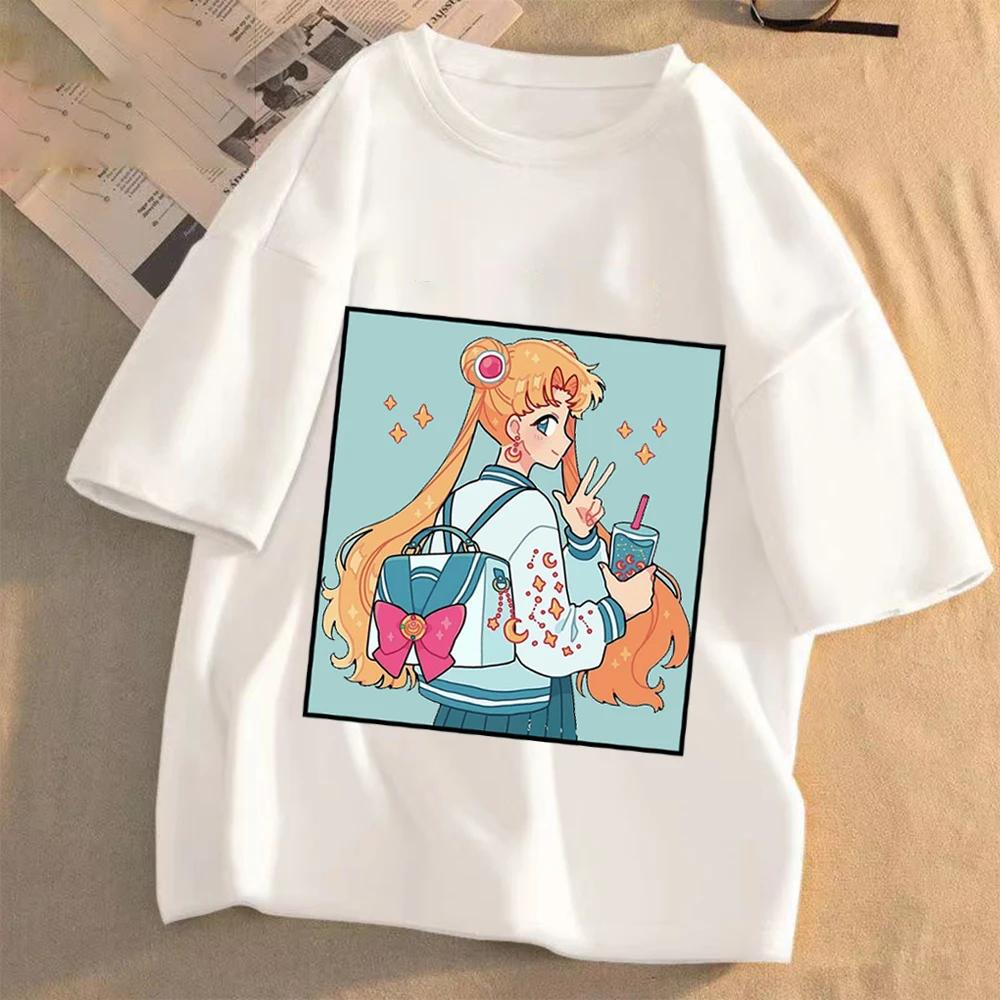 Sailor Moon Women Anime Casual T-shirt Summer Adult Cartoon Cute Tees Round Neck Printed Clothing Short Sleeve Fashion Tops Gift