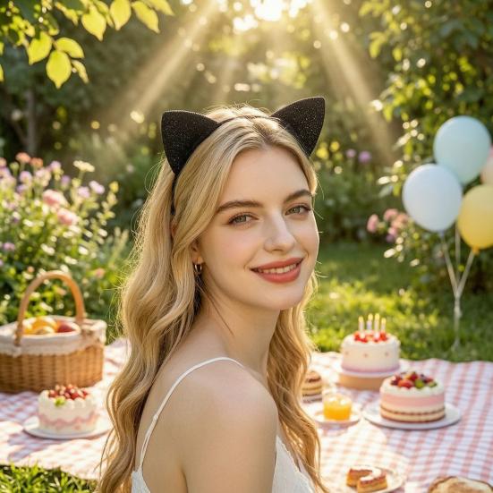 Sparkly Headpiece for Photoshoots Furry Cat Ears Headband Women, Glitter Ear Hair Cosplay Costume Props Accessory Halloween Party And Masquerade