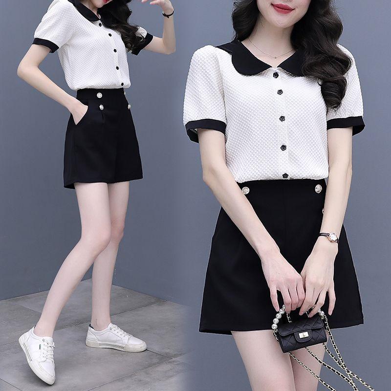 Women's Summer Color Block Doll Collar Two-Piece Set: Short Sleeve Top & Shorts