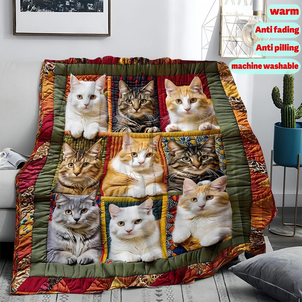 Bohemian Style Cat Themed Flannel Blanket Multi-Color Polyester Throw For Ideal For Sofa Naps Perfect Gift For Cat Lovers