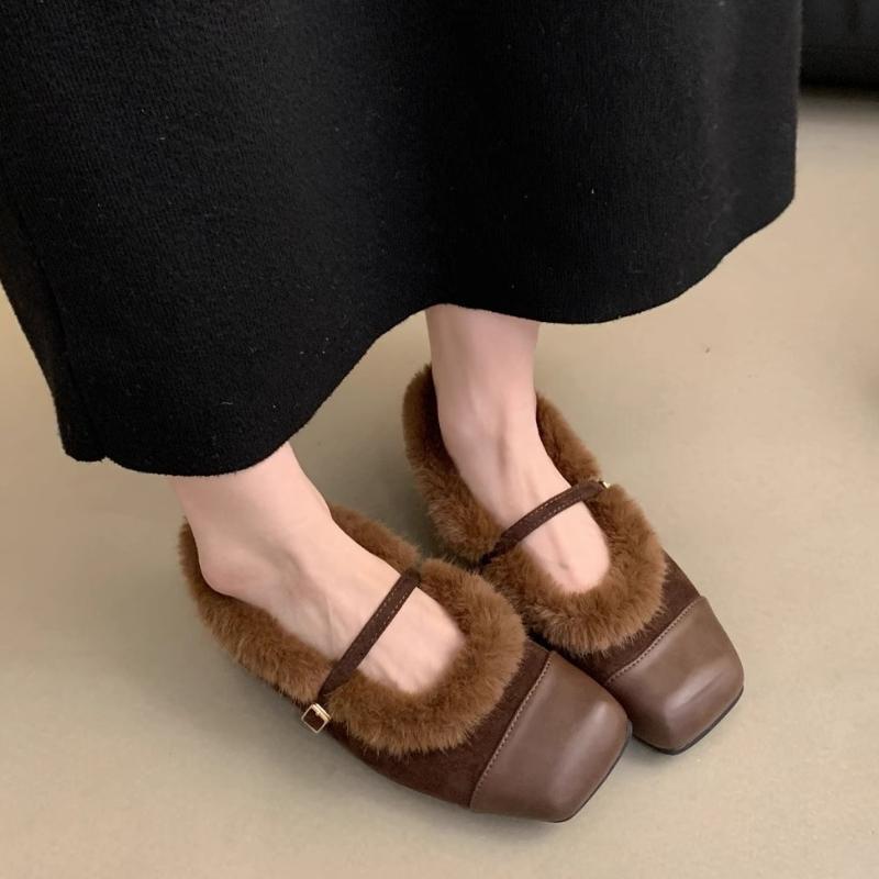 Fashion Fur Shoes Women's 2024 Fall Winter Color-block Chain Insulating Fashion Shallow Single Shoes One-line Buckle Mary Jane Shoes