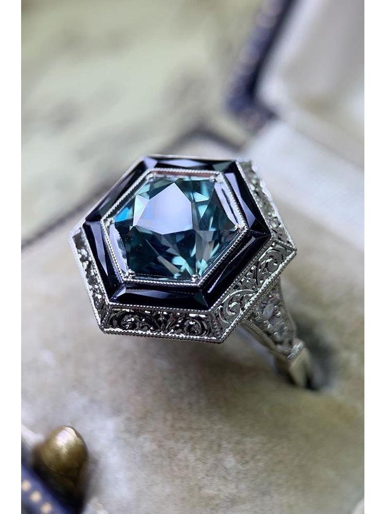 

Кольцо женское He Cheng с инкрустацией голубым цирконом - Минималистичный этнический европейский и американский стиль Size 9 платиновый