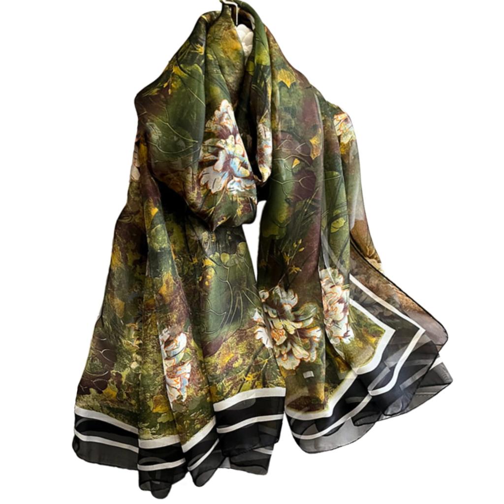 An Elegant Scarf with a Floral Pattern On a Background In Shades of Green and Brown