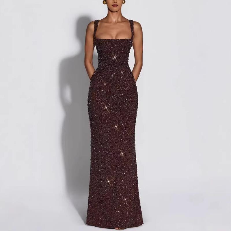 Women Sexy Sequin Slim Fit Spaghetti Strap Long Elegant Formal Party Dress