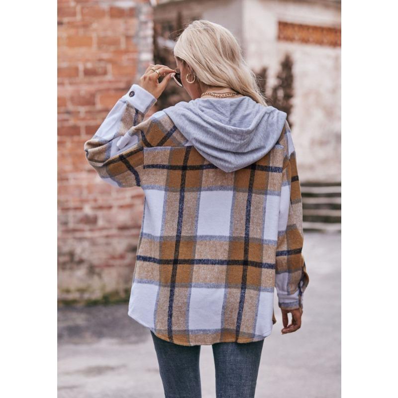 Autumn Winter Women Shirt Long Sleeve Blouse Hooded Jacket Casual Plaid Midi Shirt