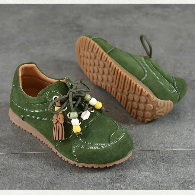 Johnature Retro Flats With Beaded Genuine Leather Lace-up Soft Soled Lightweight Women's Shoes