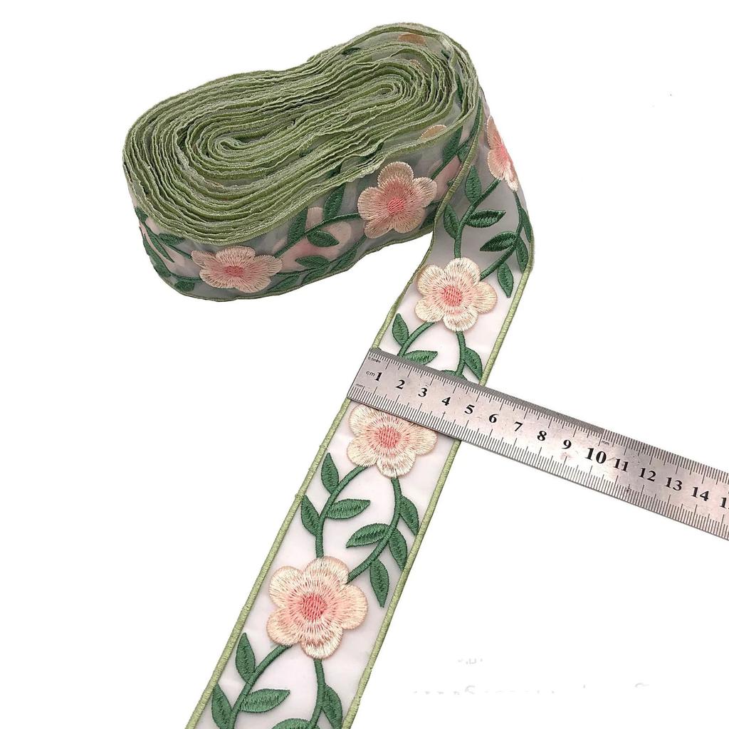 Organza Embroidered Lace Trim Ethnic Boho Ribbon for Hanfu, Kids Clothing & DIY Sewing, Sheer Floral Embroidered Tape by Yard
