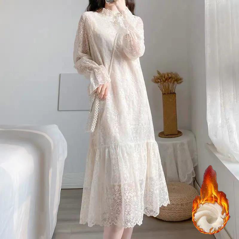 Autumn/Winter Lace Dress: Fleece-Lined, Long-Sleeve, Mid-Length, Elegant Fairy Style for 2025