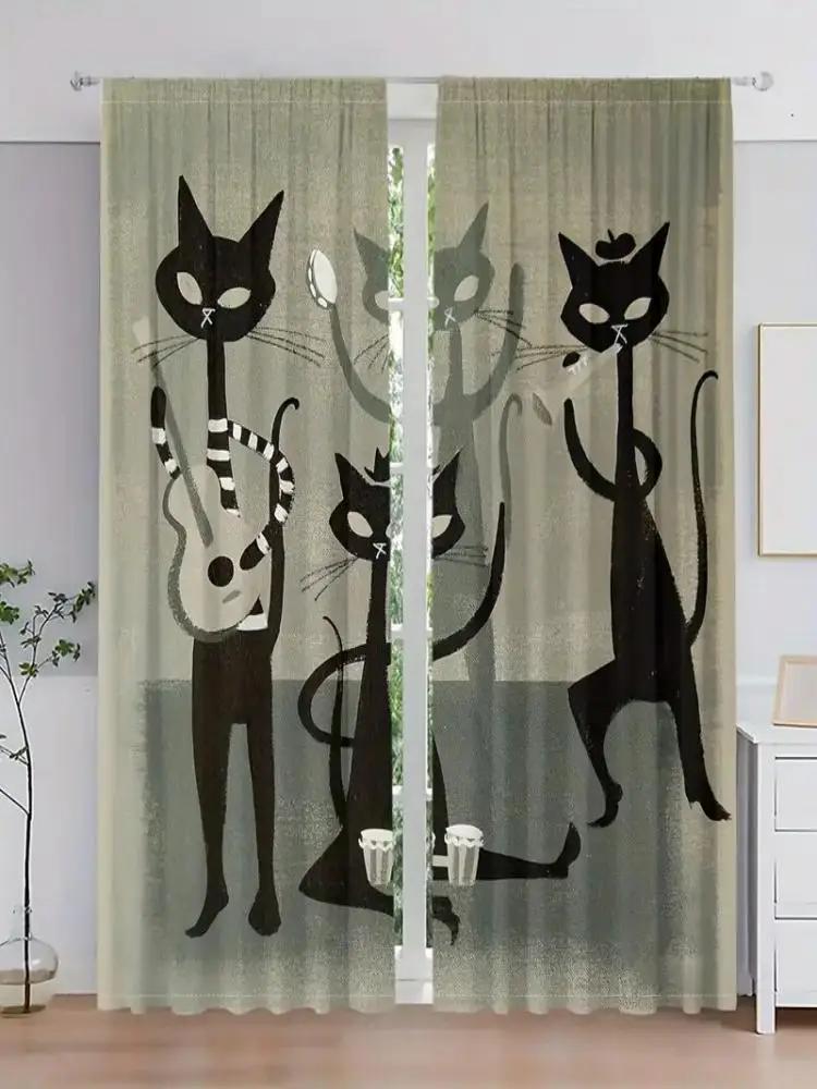 2pcs- Black Cat Pattern Printed Curtains   Window Decorations   Home Decorations   Room Decorations In Jungle Flowers
