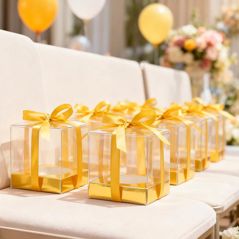 WTEMPO DIY Foldable Clear Gift Boxes with Ribbons for Wedding Favors Birthday Gifts and Festive Party Supplies Transparent Plastic Packaging Boxes